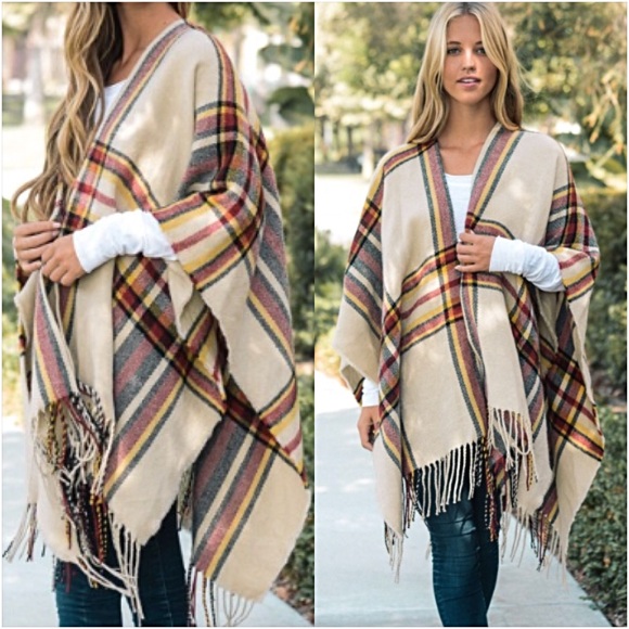 Gorgeous Cozy Chic Plaid Sweater Kimono Wrap O/S - Picture 6 of 7
